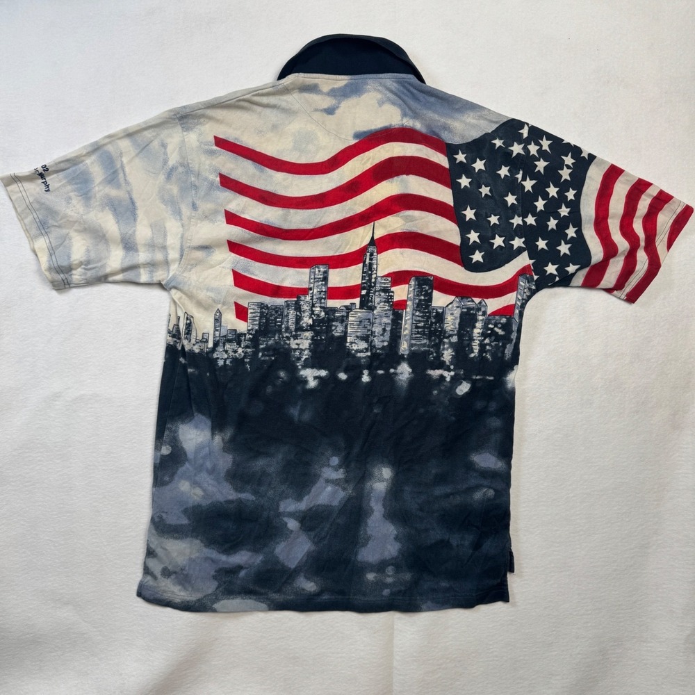 Vintage Tabasco American Flag NYC Skyline Polo Shirt Mens XL 2002 Golf Tee Off - Picture 2 of 9